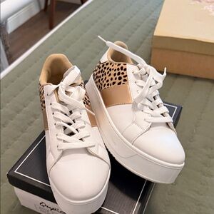 Qupid White Sneakers with Leopard and Gold Accents